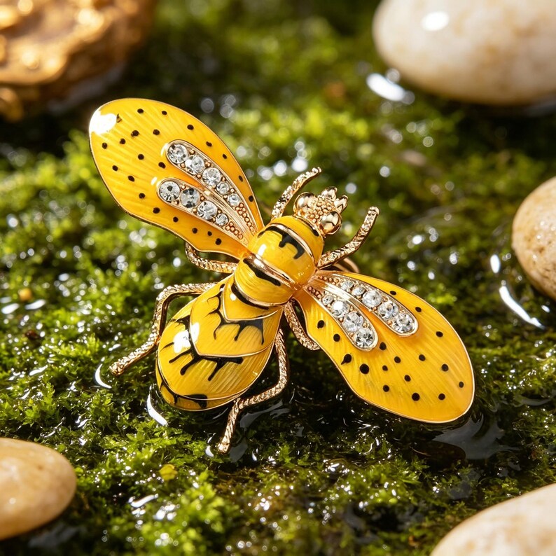 May include: A detailed, yellow and black bee-shaped brooch with rhinestone accents on the wings. The brooch has a gold-tone metal frame and is set against a backdrop of green moss and small stones.