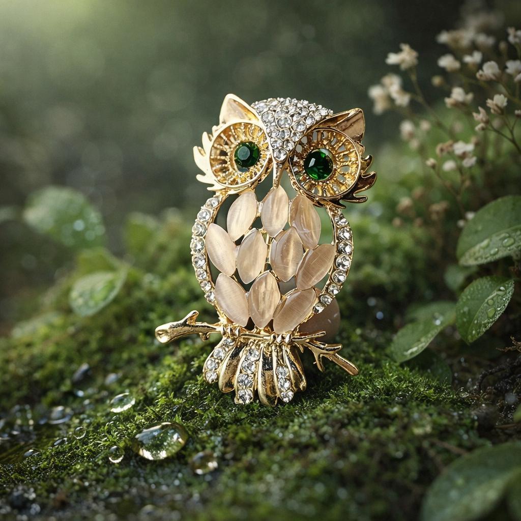 Owl Brooch, Serendipity Jewelry, Green Crystal Eyes Pin, Gold Vintage Owl Pin, Lucky Gift for Her, E