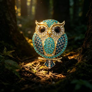 May include: A gold-toned owl brooch with teal and clear crystal accents. The owl has large black eyes and is perched on a branch. The brooch is set against a blurred forest background.