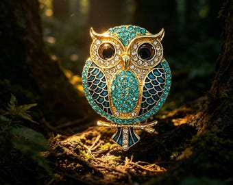 Broche de coruja, alfinete de coruja de cristal, joia símbolo de sabedoria, broche espiritual, amuleto de proteção, alfinete guardião da floresta, joia em estilo vintage.