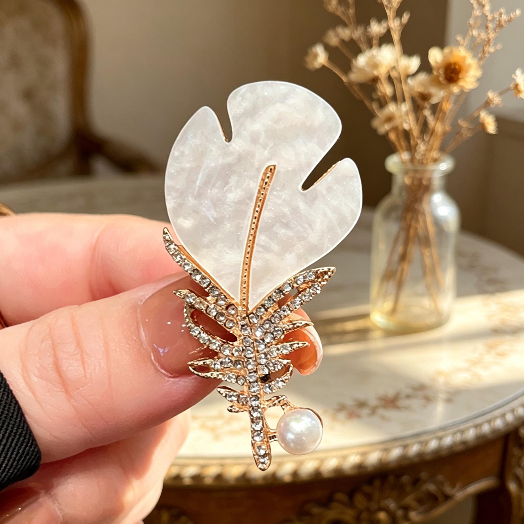Gold-Tone Crystal & Pearl Feather Brooch with Black Feathers display picture 2