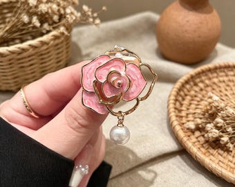 Vintage Pink Rose Pearl Brooch, Handmade Enamel Pin, Elegant Lapel Pin, Good Luck Amulet Brooch, Gift for Her, Party & Daily Wear Accessory