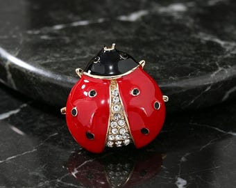 Ladybug Brooch Pin, Lucky Charm Jewelry, Red Enamel Insect Brooch, Cute Statement Pin, Vintage Style Crystal Brooch Gift for Her