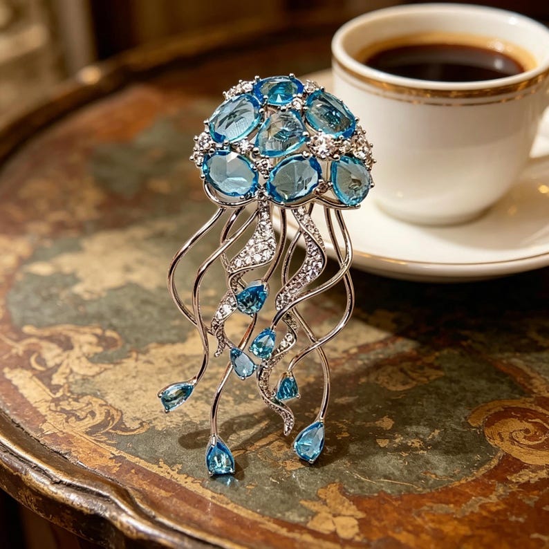 Puede incluir: Broche plateado con forma de medusa, adornado con piedras preciosas azul claro y cristales transparentes. El broche tiene zarcillos fluidos y un grupo de piedras azules en la parte superior. Una taza de caf&eacute; es visible en el fondo.