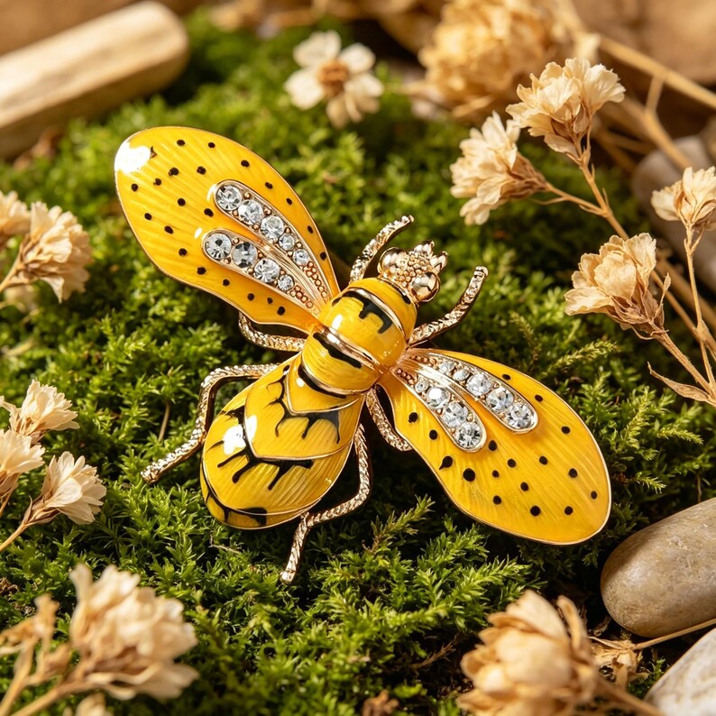 May include: A yellow and gold bee brooch with black accents and rhinestone details. The brooch is set against a backdrop of green moss and dried flowers, creating a natural and elegant aesthetic.