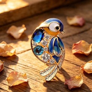 May include: A gold-coloured bird brooch featuring blue enamel wings and head, embellished with blue and clear gemstones. The bird's body has detailed feather designs. The brooch is set on a wooden surface with scattered dried petals.