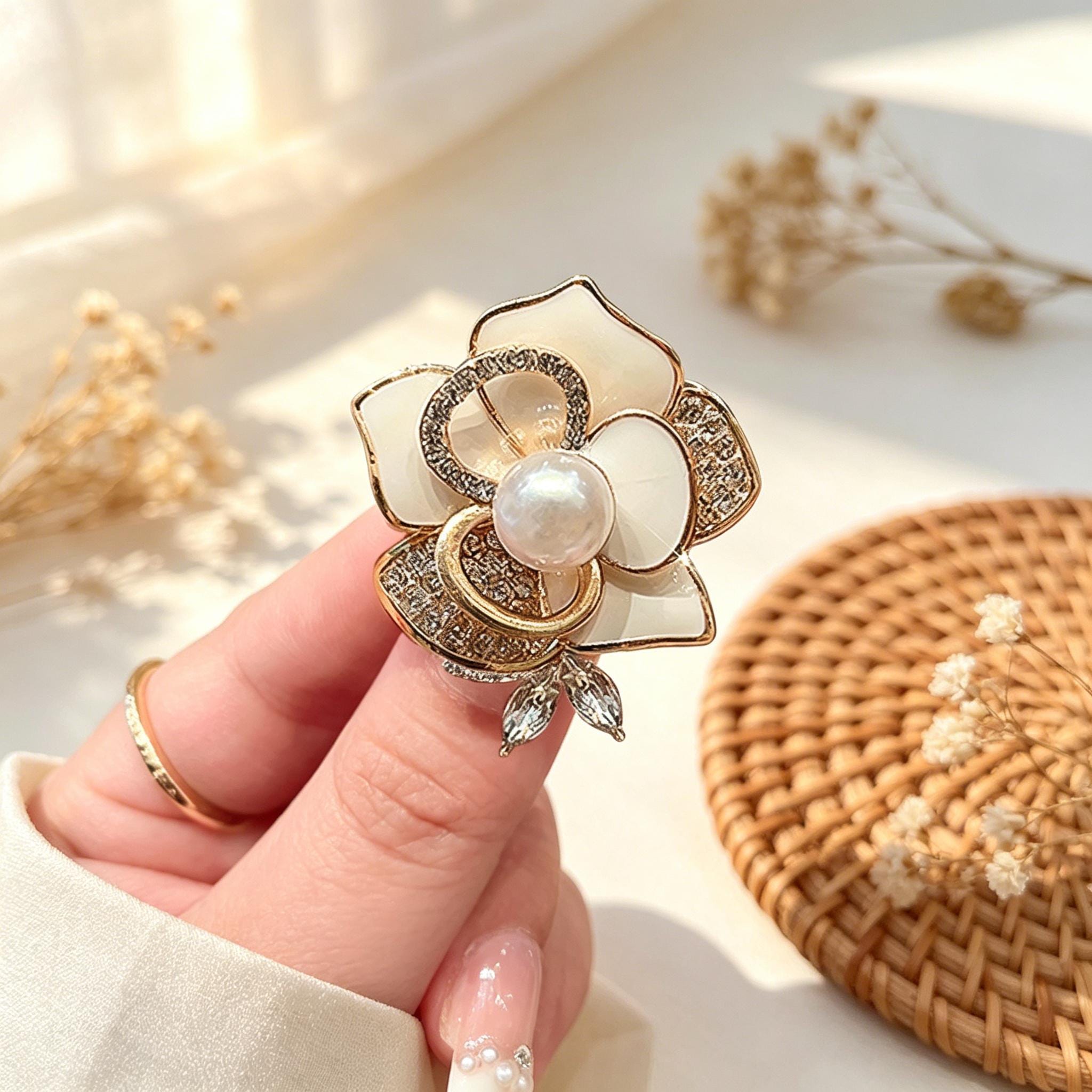 Vintage Camellia Pearl Crystal Brooch, Handmade Enamel Pin, Elegant Lapel Pin, Good Luck Amulet Brooch, Gift for Her, Party