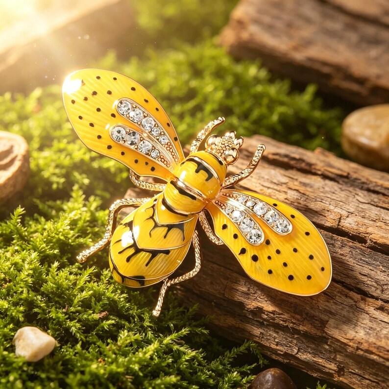 May include: A yellow and black bee brooch with rhinestone accents. The brooch has a gold-tone metal frame and is set against a backdrop of green moss and wood.