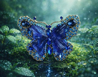 Butterfly Brooch, Blue Crystal Pin, Sanctuary Jewelry, Symbol of Peace & Transformation, Gold Statement Brooch, Elegant Gift for Her