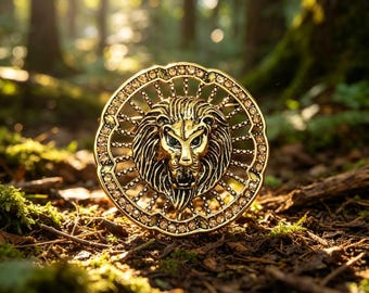 Golden Lion Brooch – Handcrafted Statement Pin, Nostalgic Charm with a Pop of Color, Unique Gift for Parties & Collectors