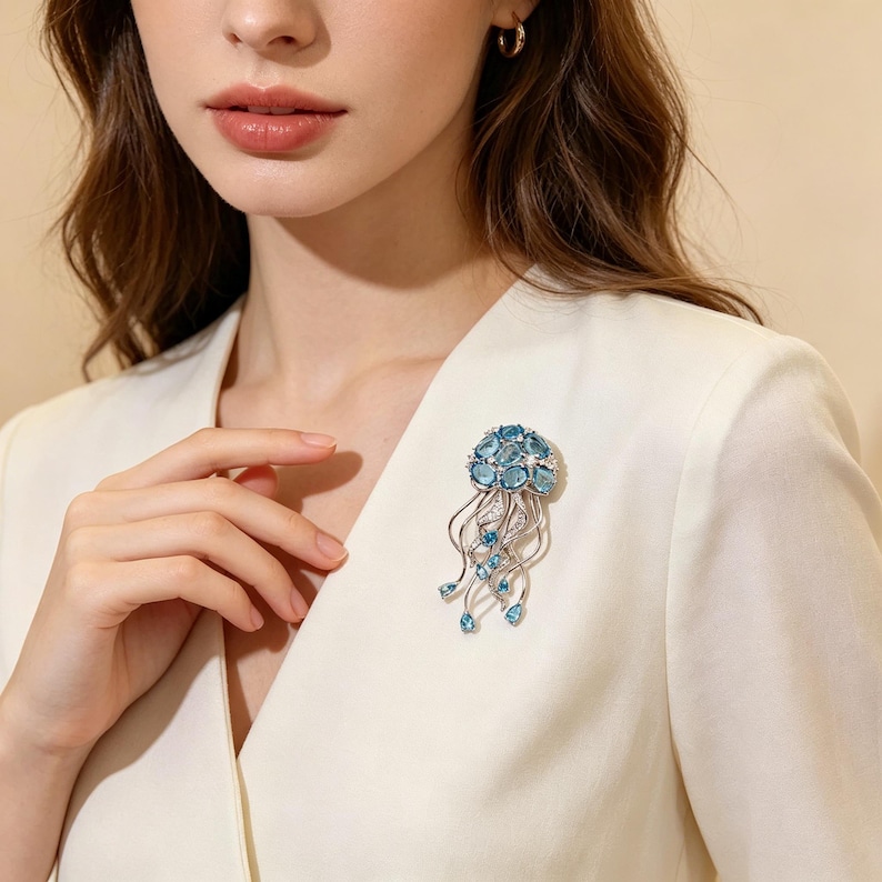 Puede incluir: Broche plateado con forma de medusa. La cabeza de la medusa est&aacute; adornada con piedras preciosas azul claro, con hebras plateadas y piedras en forma de l&aacute;grima. El broche est&aacute; prendido a una blazer blanca.