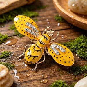 May include: A detailed, yellow and black bee brooch with rhinestone accents. The brooch has a gold-tone metal frame and is set against a wooden surface with moss and water droplets.