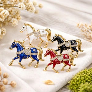 Black Horse Brooch, Gold Crystal Pin, Vintage Animal Jewelry, Elegant Statement Brooch, Unique Gift for Her