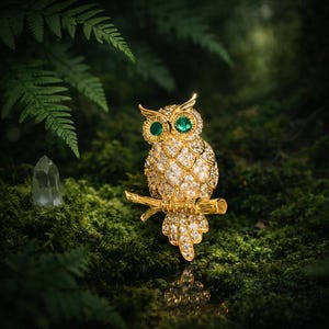 Broche de búho dorado con ojos de cristal verde, broche de animal de estilo vintage, joyería elegante y llamativa, regalo inspirado en la naturaleza para ella, broche de solapa de lujo