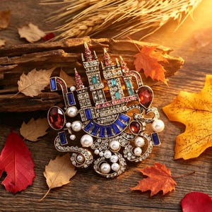 May include: Ornate gold-toned brooch with a castle design, adorned with red, blue, and clear gemstones, and faux pearls. The brooch is set against a backdrop of autumn leaves and wood.