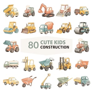 Pode incluir: Uma coleção de 80 ilustrações de veículos de construção em estilo aquarela, incluindo caminhões basculantes, escavadeiras, tratores, betoneiras, empilhadeiras e carrinhos de mão, com o texto 80 CUTE KIDS CONSTRUCTION no centro.
