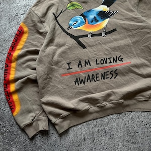 May include: A brown sweatshirt featuring a colorful bird perched on a branch. The text "I AM LOVING AWARENESS" is printed below the bird. The left sleeve has the text "THERE IS ONLY FREEDOM" in a vertical design.