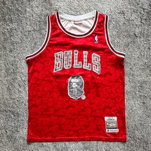 May include: A red sleeveless basketball jersey featuring a tonal camouflage pattern, the word BULLS in silver lettering across the chest, a grey ape head graphic, an NBA logo, and a Mitchell & Ness Hardwood Classics tag at the bottom hem.