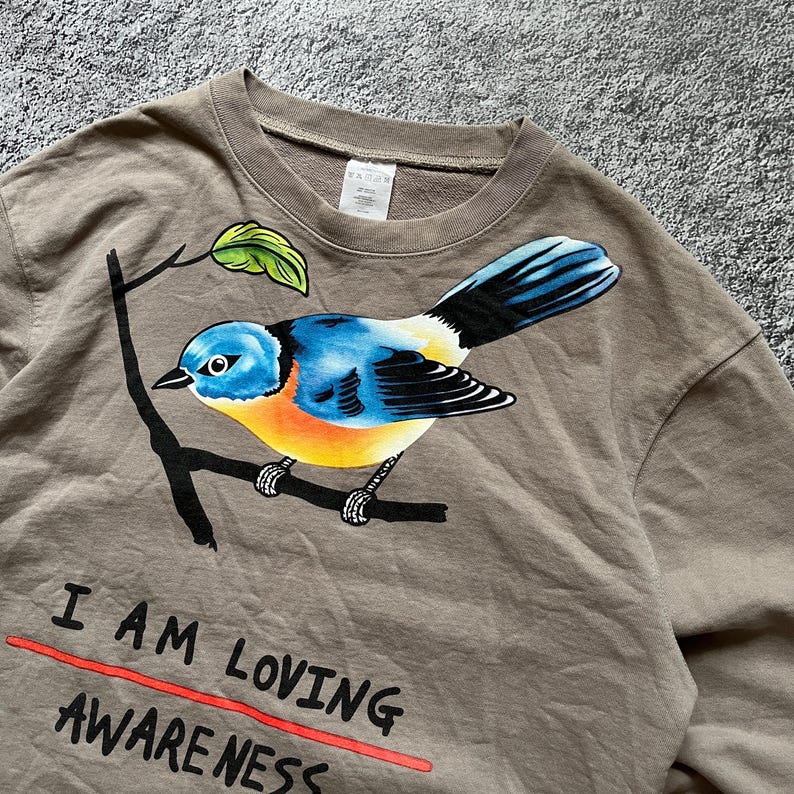 May include: A tan sweatshirt featuring a colorful illustration of a bird perched on a branch. The bird has blue, yellow, and orange plumage. Below the bird, the text "I AM LOVING AWARENESS" is printed in black, with a red line underneath.