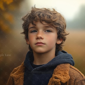 May include: A portrait of a young person with curly brown hair and freckles, wearing a navy blue hoodie and a brown, textured jacket. The background is a blurred autumn scene with warm, earthy tones.