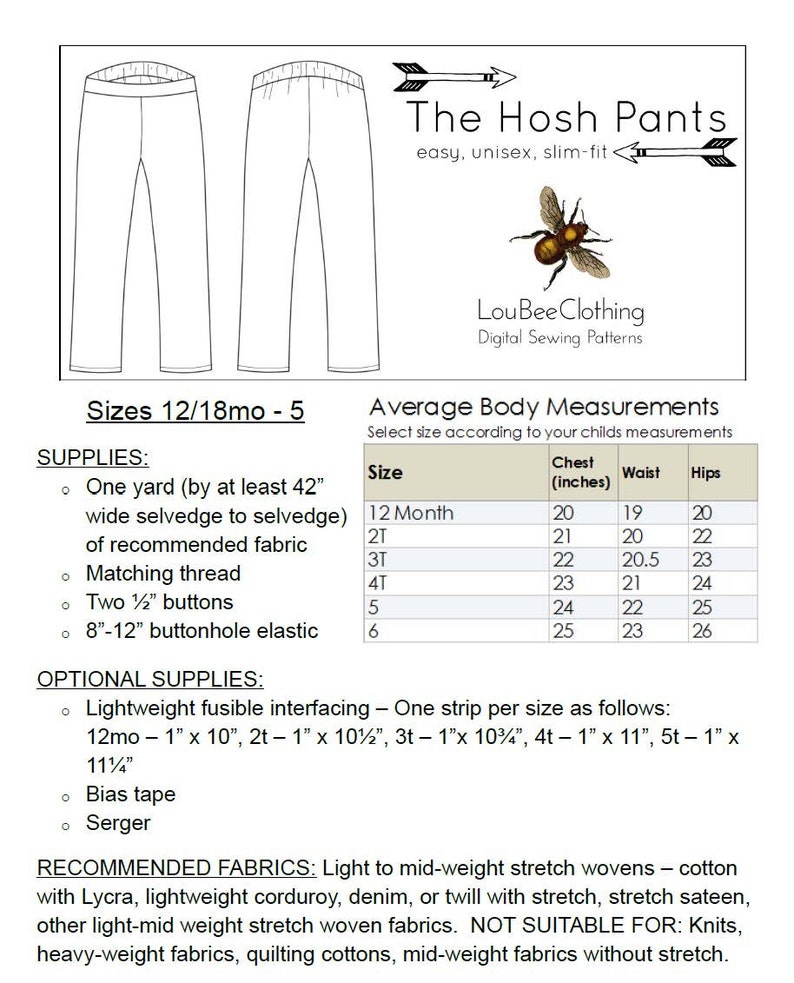 HOSH Pants PDF Digital Sewing Pattern Slim Fit Pants Toddler Children Girl Boy 12mo to 6 Instant Download image 5