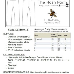 HOSH Pants PDF Digital Sewing Pattern Slim Fit Pants Toddler Children Girl Boy 12mo to 6 Instant Download image 5