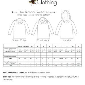 BIMAA Sweater PDF Sewing Pattern Hoodie, Cowl Neck, or Shawl Collar Long Sleeve Top Shirt Girls Boys Toddler Children 6/12mo 12yr image 5