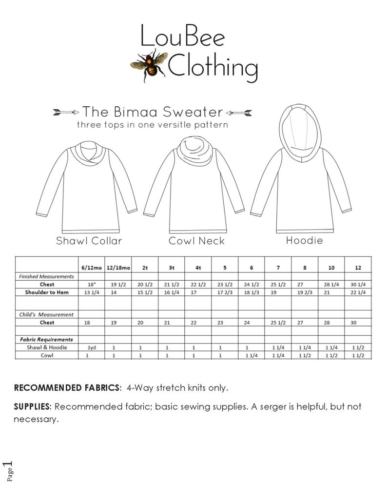 BIMAA Sweater PDF Sewing Pattern Hoodie, Cowl Neck, or Shawl Collar Long Sleeve Top Shirt Girls Boys Toddler Children 6/12mo 12yr image 5