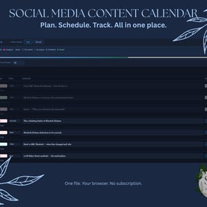 May include: A dark blue digital content calendar with the text "SOCIAL MEDIA CONTENT CALENDAR" and "Plan. Schedule. Track. All in one place." The calendar is for Sherlock Holmes content, with a progress bar and a list of scheduled posts.