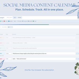 May include: A light blue social media content calendar with the text "Social Media Content Calendar" and "Plan. Schedule. Track. All in one place." The calendar includes a list of social media posts for April, with platform, type, and content details.