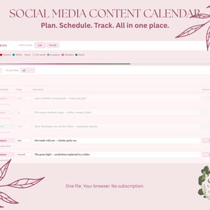 May include: A pink social media content calendar interface with text that reads "Plan. Schedule. Track. All in one place." The calendar displays a list of scheduled posts for April, including platform, type, and content details. The Sage Digital HQ logo is in the bottom right.