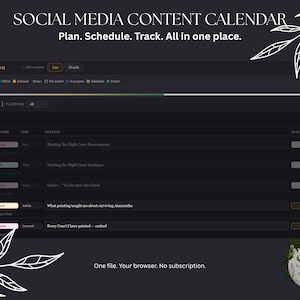 May include: A dark gray digital social media content calendar with the text "Social Media Content Calendar" and "Plan. Schedule. Track. All in one place." The calendar displays a list of scheduled posts for April, including platform, type, and content. The calendar is labeled "Feyre Archeron."