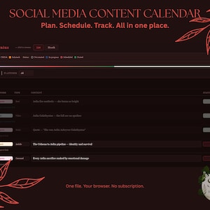 May include: A dark brown digital social media content calendar interface with text that reads "SOCIAL MEDIA CONTENT CALENDAR" and "Plan. Schedule. Track. All in one place." The calendar includes a list of dates, platforms, and content.