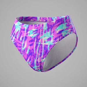 Recycled High-Waisted Bikini, Vibrant, Expressive, Pattern, Purple, Pink, Teal, Vivid, Premium, Quality, Summer, Beach, Latin, Fun, Positive