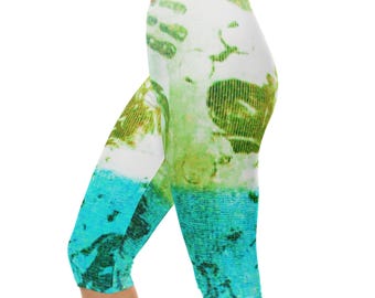 Leggings capri con estampado abstracto de acuarela verde aguamarina / Estampado integral