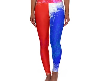 Red Blue Abstract Wave Leggings | High Waisted Yoga Leggings