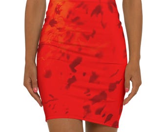 Falda lápiz con estampado floral abstracto en acuarela roja / Cintura media