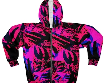 Sudadera con capucha y cremallera con estampado abstracto de hojas de palmera neón / Estampado integral