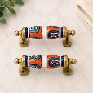 Hand-Painted Ceramic Cabinet Handle | Antique Brass Drawer Pull, Boho Furniture Knob