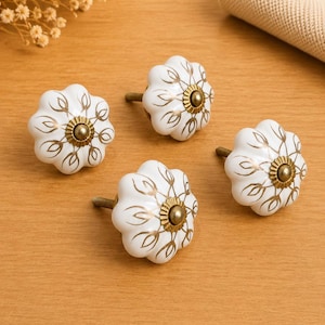 Handmade White Ceramic Floral Pumpkin Cabinet Knobs Set of 4 | Vintage Drawer Pulls