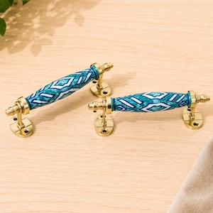 Handmade Blue Geometric Ceramic Cabinet Handles, Vintage Brass Drawer Pulls (Set of 2)