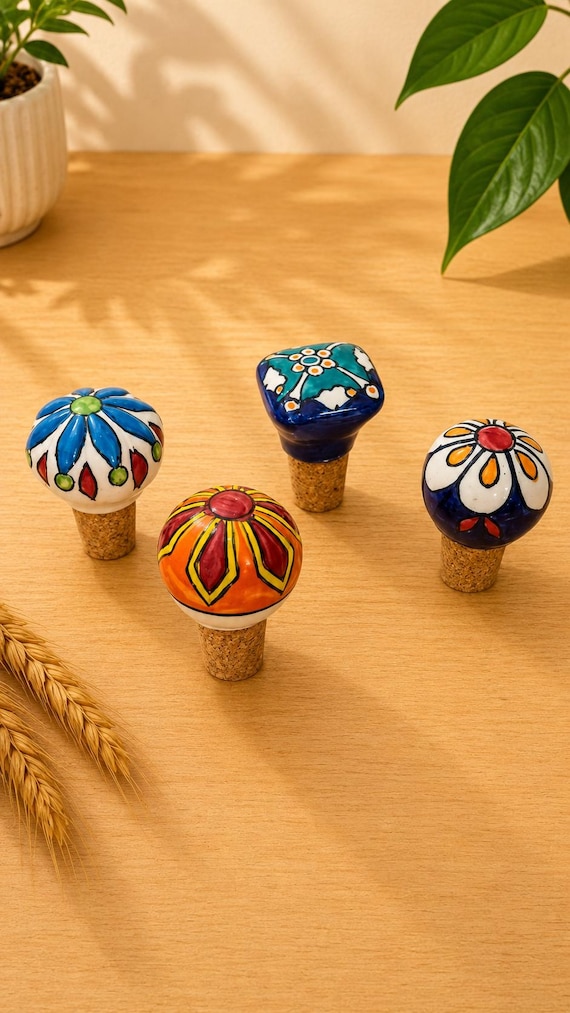 Hand-thrown ceramic stoppers with painted florals — functional pottery that turns a wine bottle into a shelf-worthy art piece.