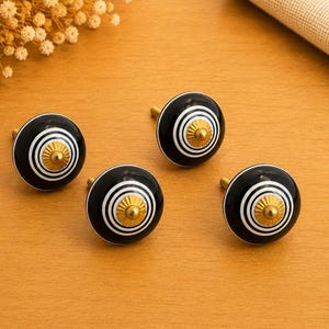 Set of 4 Handmade Black & White Ceramic Cabinet Knobs | Striped Brass Drawer Pulls