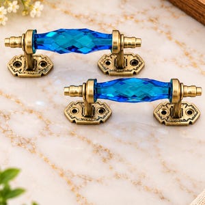 Vintage Blue Crystal Cabinet Handles, Antique Brass Drawer Pulls, Ornate Furniture Hardware