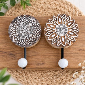 Handmade Wooden Mandala Wall Hooks, Ceramic Knob, Boho Rustic Entryway Organizer (Set of 2)