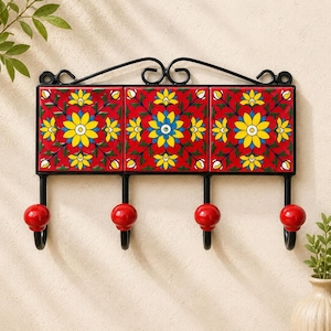 Handmade Ceramic Wall Hook Rack | Red Floral Tile Coat Hanger | Indian Folk Art Decor