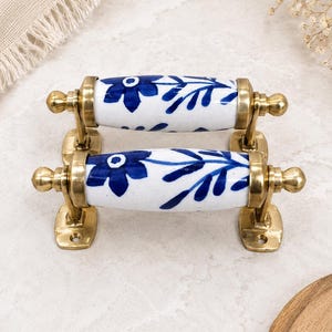 Hand-Painted Blue Floral Ceramic Drawer Pull | Brass Cabinet Hardware | Rustic Home Decor