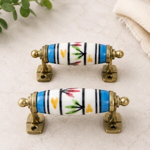 Hand Painted Ceramic Drawer Pull | Brass Floral Cabinet Handle, Boho Indian Hardware