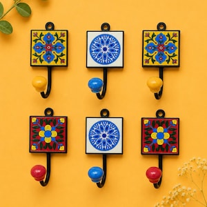 Set of 6 Handmade Ceramic Wall Hooks | Colorful Decorative Tile Coat Hooks