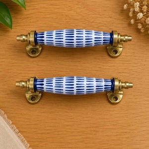 Blått keramikhandtag för skåp | Lådhandtag i mässing, vintagedesign